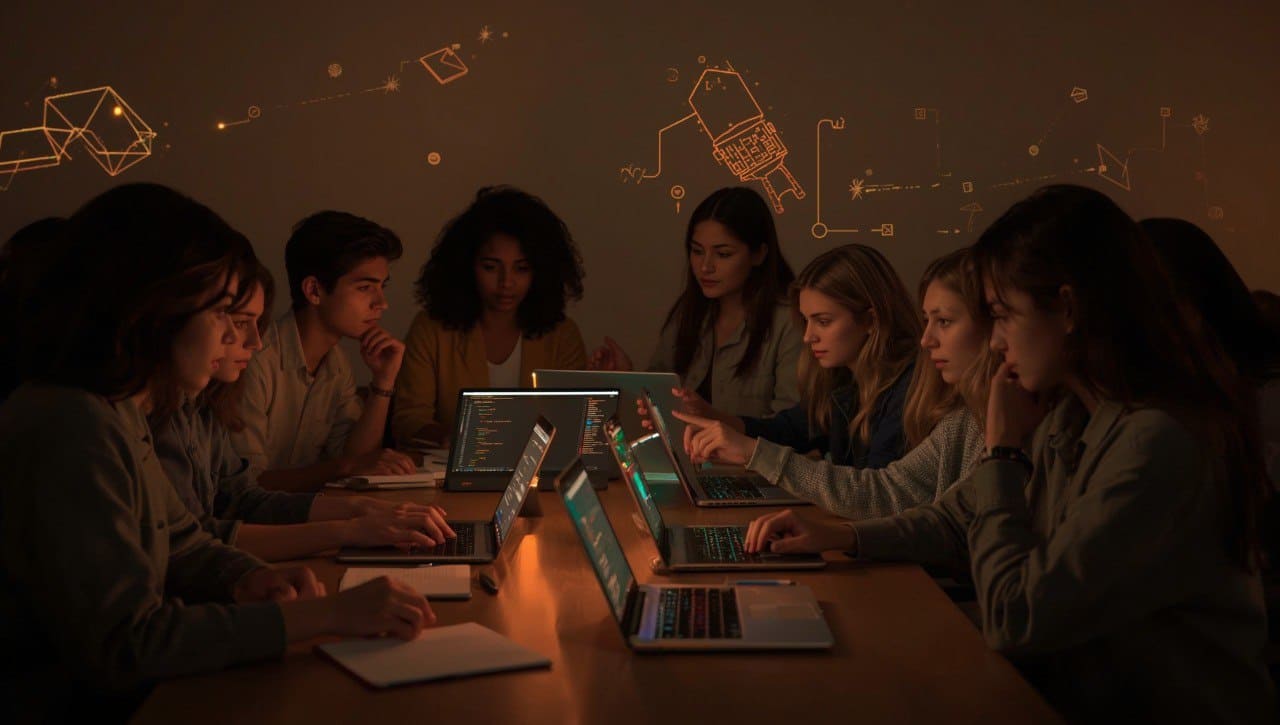 Group of people working on laptops in a dimly lit room with network diagram projections.