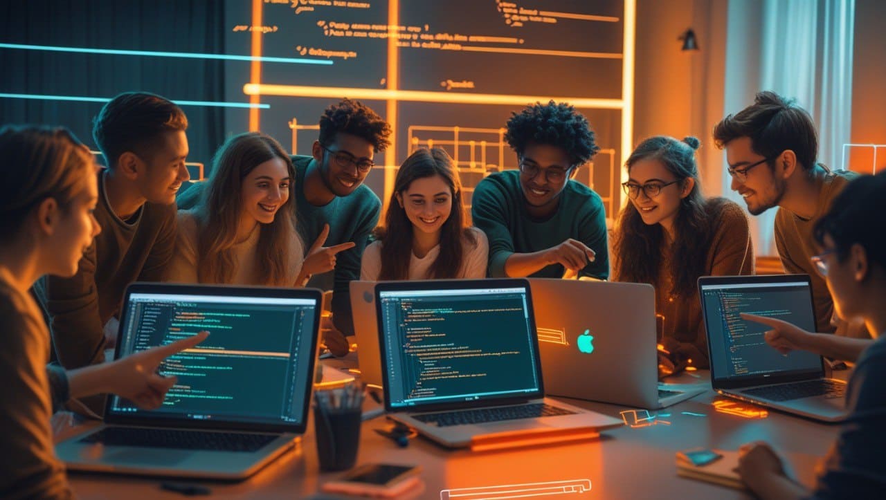 Group of people working on laptops in a dimly lit room with code projected on the wall.