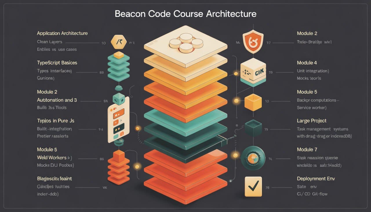 Beacon Code Course Architecture diagram with layered structure on a dark background