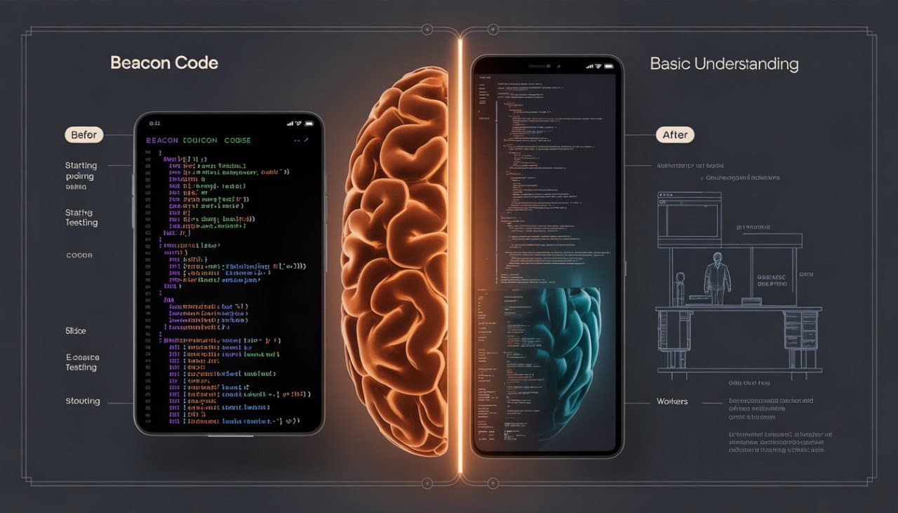 Diagram of a brain split in two, with one side showing code and the other showing a blueprint, on a dark background.