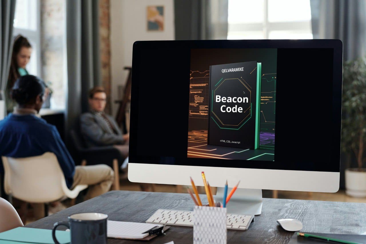 Computer screen displaying a e-book  course titled 'Beacon Code' with people in the background