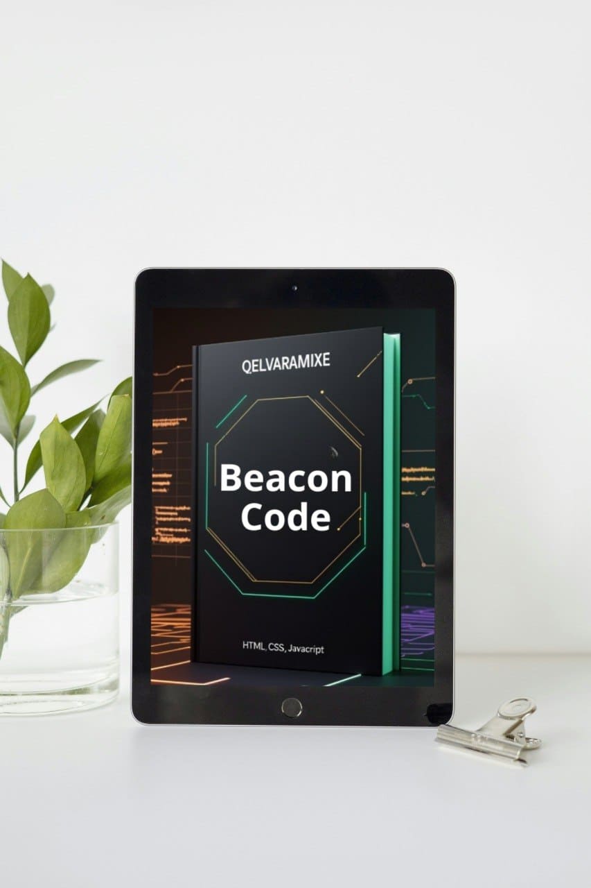 Tablet displaying 'Beacon Code'  course on a white surface with a plant in the background