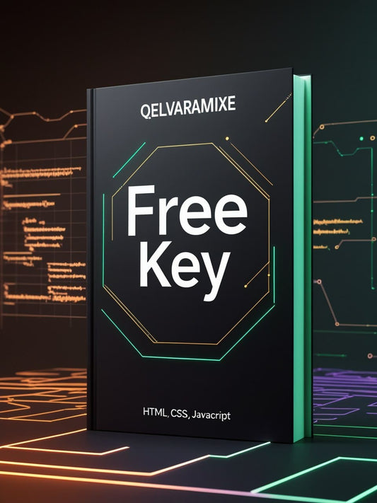 E-Book titled 'Free Key' by QELVARAMIXE with a futuristic design on a dark background.