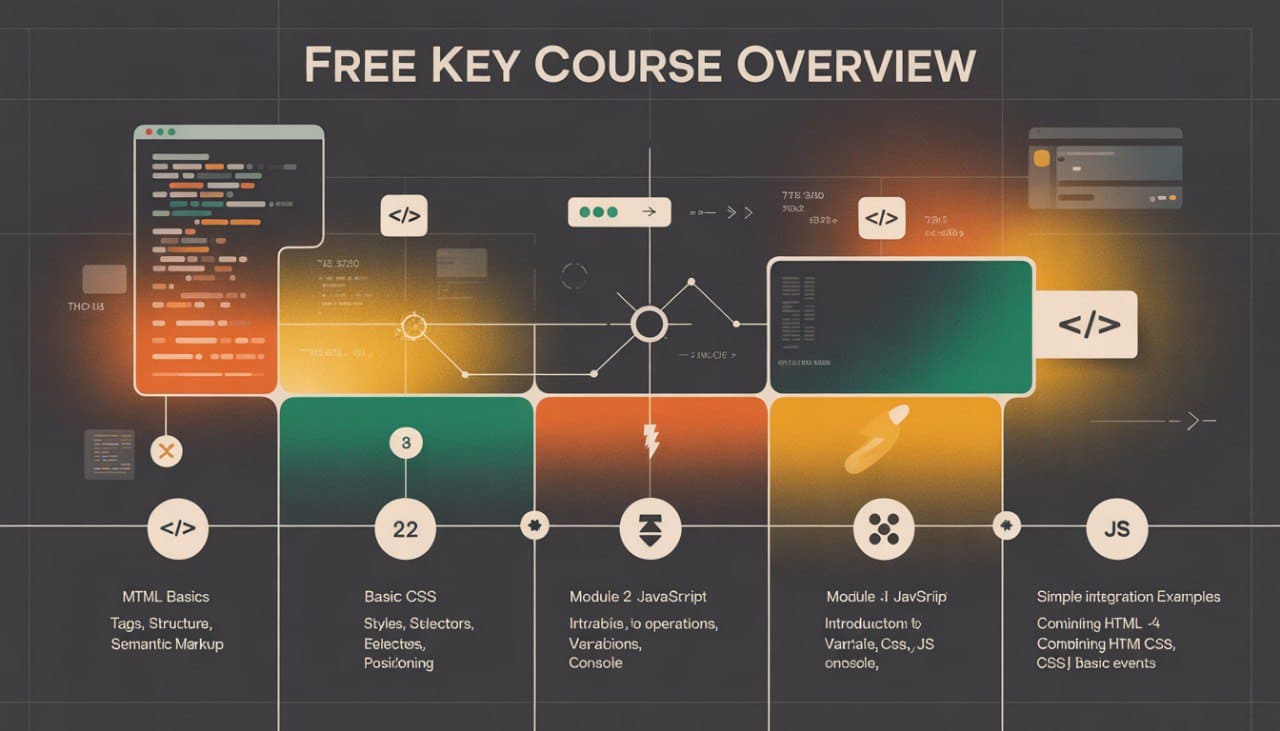 Free key course overview with colorful icons and text on a dark background