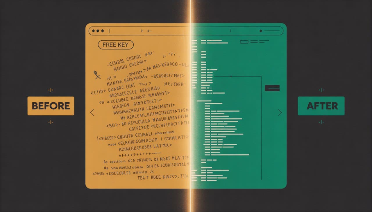 Comparison of a text document labeled 'Before' and a code editor labeled 'After' on a dark background.