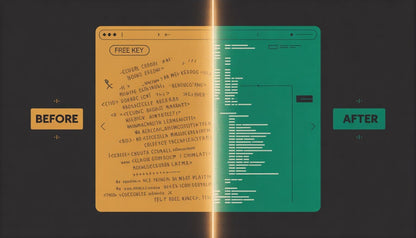 Comparison of a text document labeled 'Before' and a code editor labeled 'After' on a dark background.