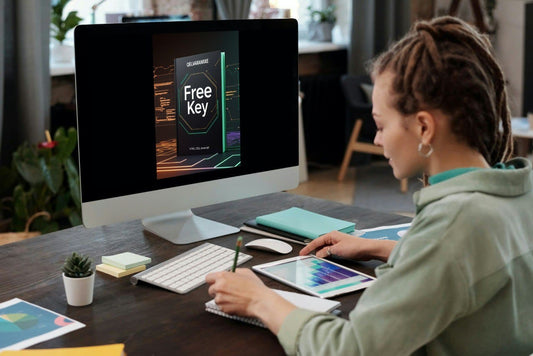 Person using a computer with a 'Free Key' offer on the screen, sitting at a desk in a home office setting.