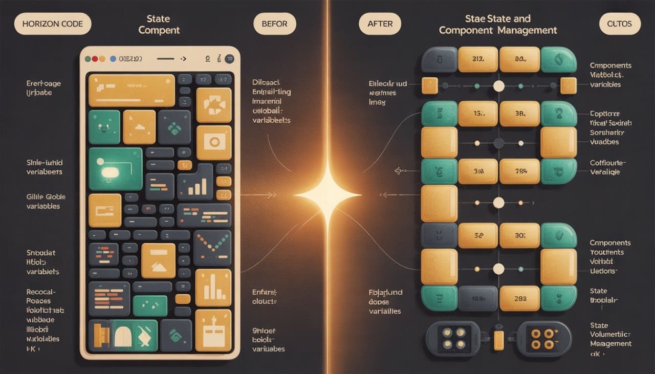 Before and after comparison of a software interface design with state management and component management concepts.