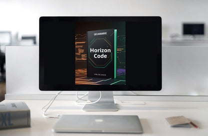 Computer monitor displaying a e-book course titled 'Horizon Code' on a desk.