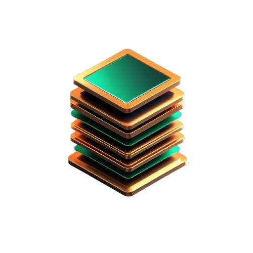 Stack of square green and gold objects on a white background