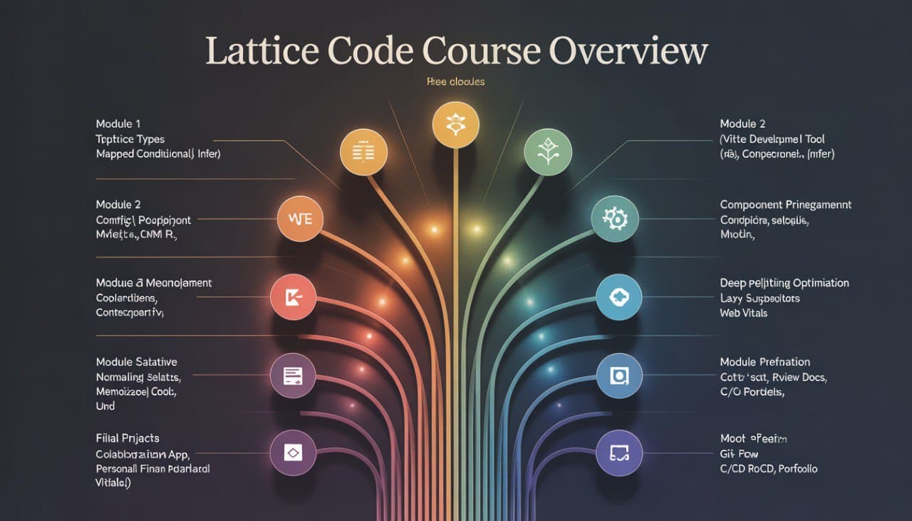 Lattice Code Course Overview with colorful icons and text on a dark background