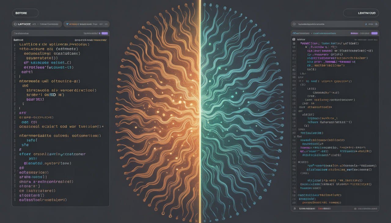 Two computer screens displaying code with a central abstract design.