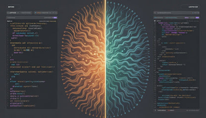 Two computer screens displaying code with a central abstract design.