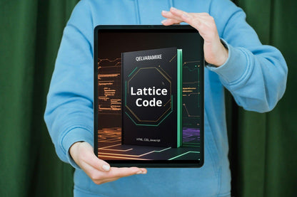 Person holding a tablet with 'Lattice Code' course displayed on the screen against a green curtain background