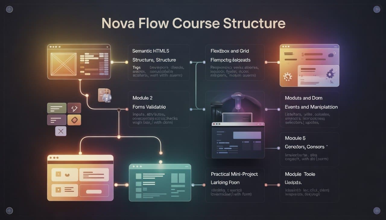 Nova Flow Course Structure diagram with colorful interface elements on a dark background