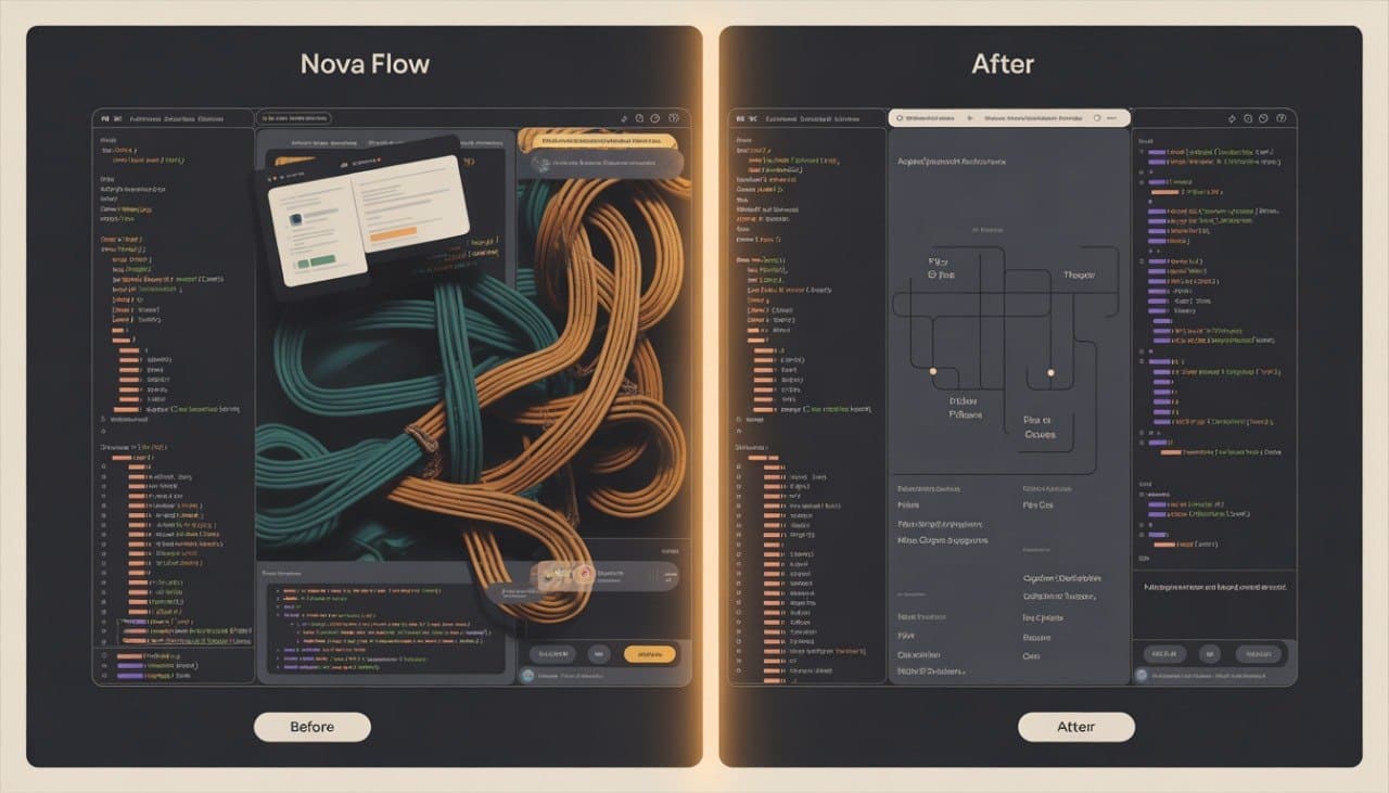 Before and after comparison of a software interface design with 'Nova Flow' on the left and 'After' on the right.