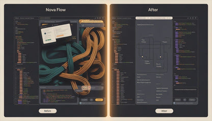Before and after comparison of a software interface design with 'Nova Flow' on the left and 'After' on the right.