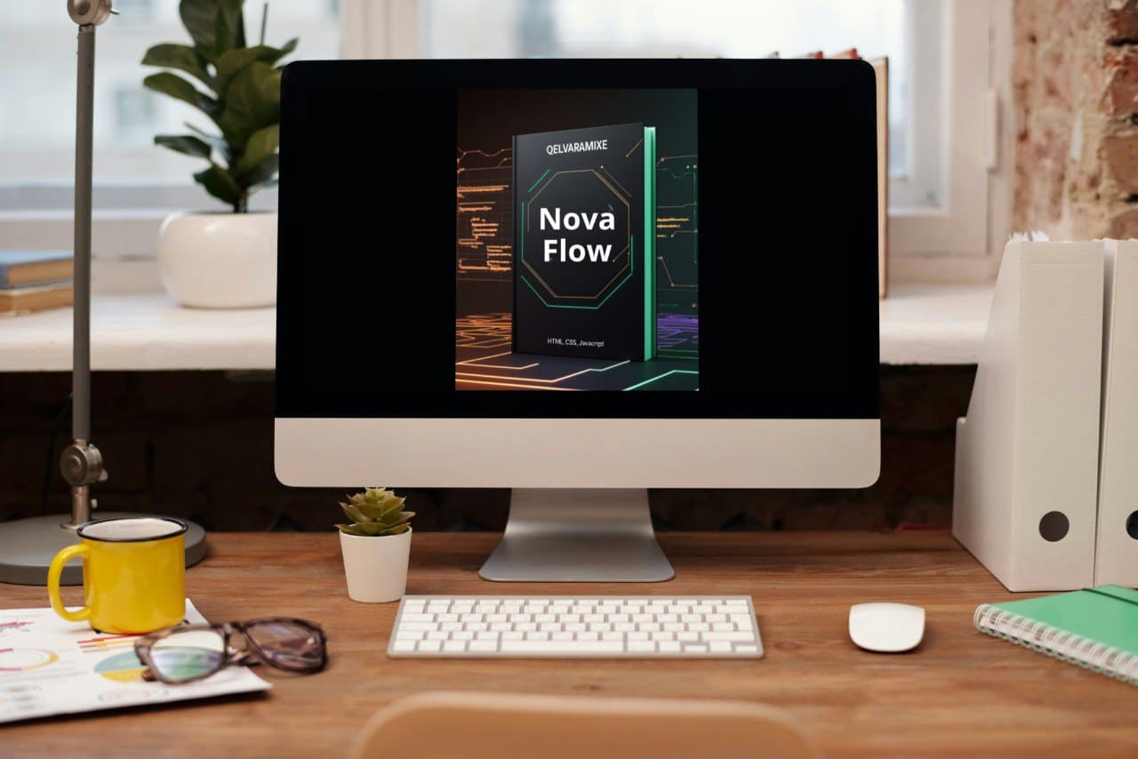 Computer monitor displaying 'Nova Flow' course on a desk with office items.