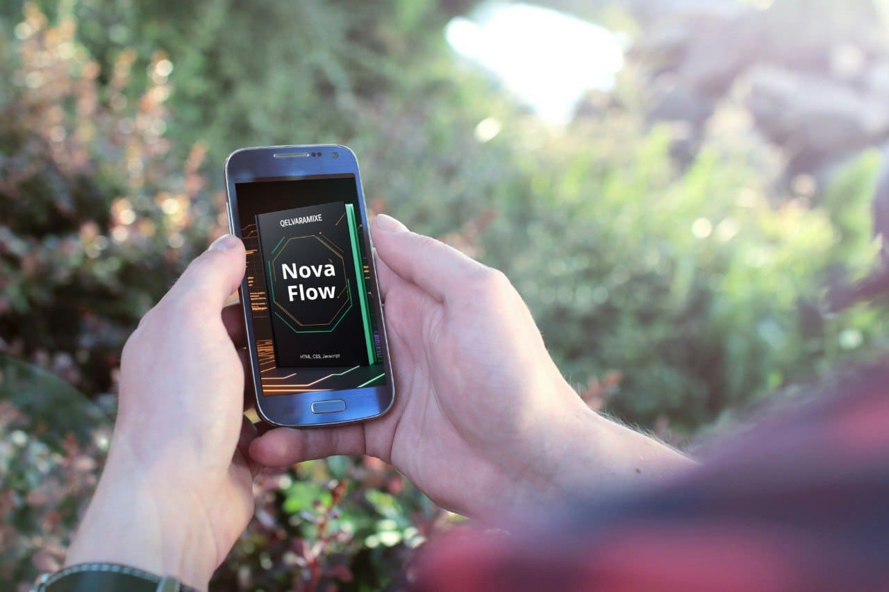 Person holding a smartphone with 'Nova Flow' course displayed outdoors