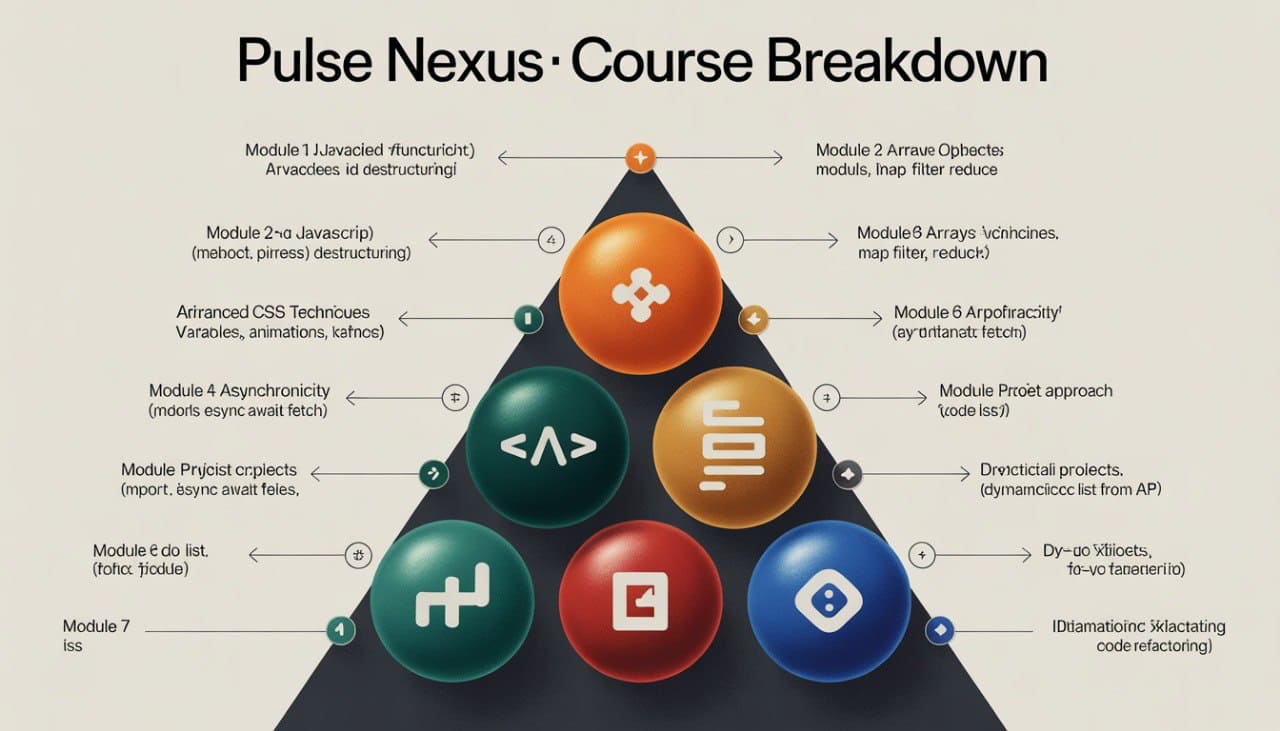 Diagram of a course breakdown titled 'Pulse Nexus' with colorful icons and text on a white background.