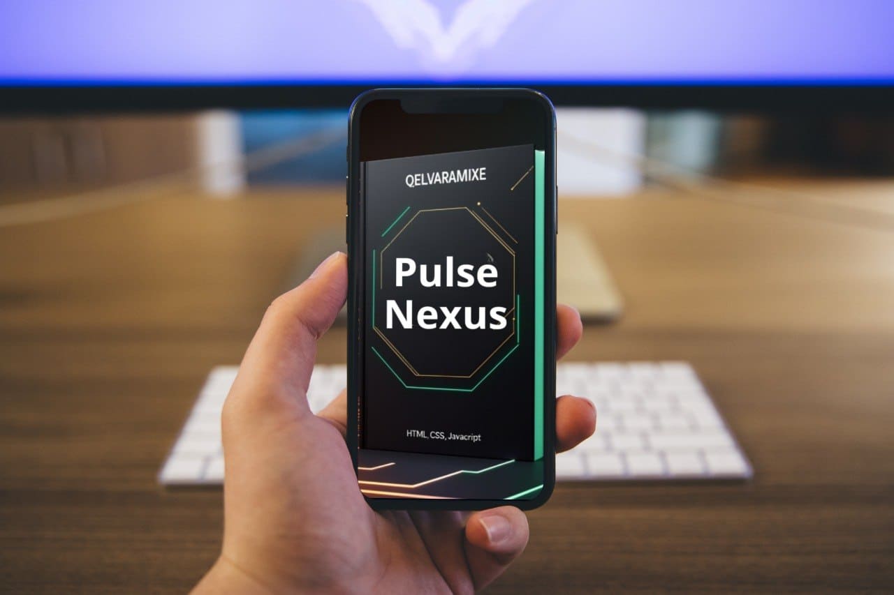 Hand holding a smartphone with 'Pulse Nexus' course displayed, blurred office background