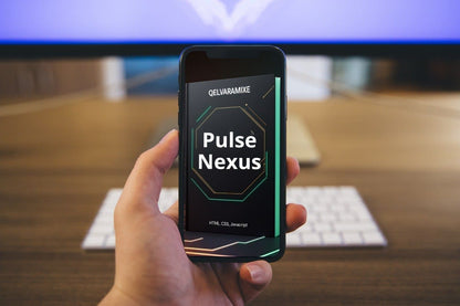 Hand holding a smartphone with 'Pulse Nexus' course displayed, blurred office background