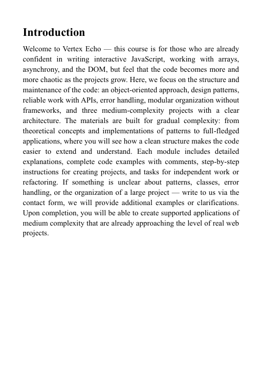Introduction text for a PDF course on 'Vertex Echo ' with HTML/CSS/JS.