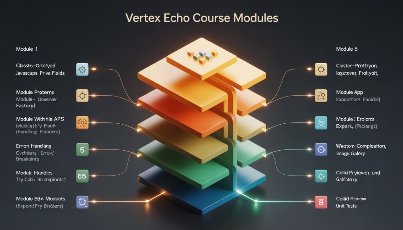 Diagram of Vertex Echo Course Modules with colorful stacked blocks on a dark background