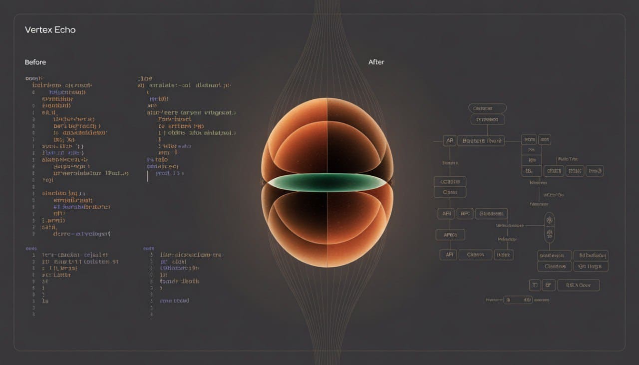 Computer screen showing code on the left, a 3D spherical model in the center, and interface elements on the right.