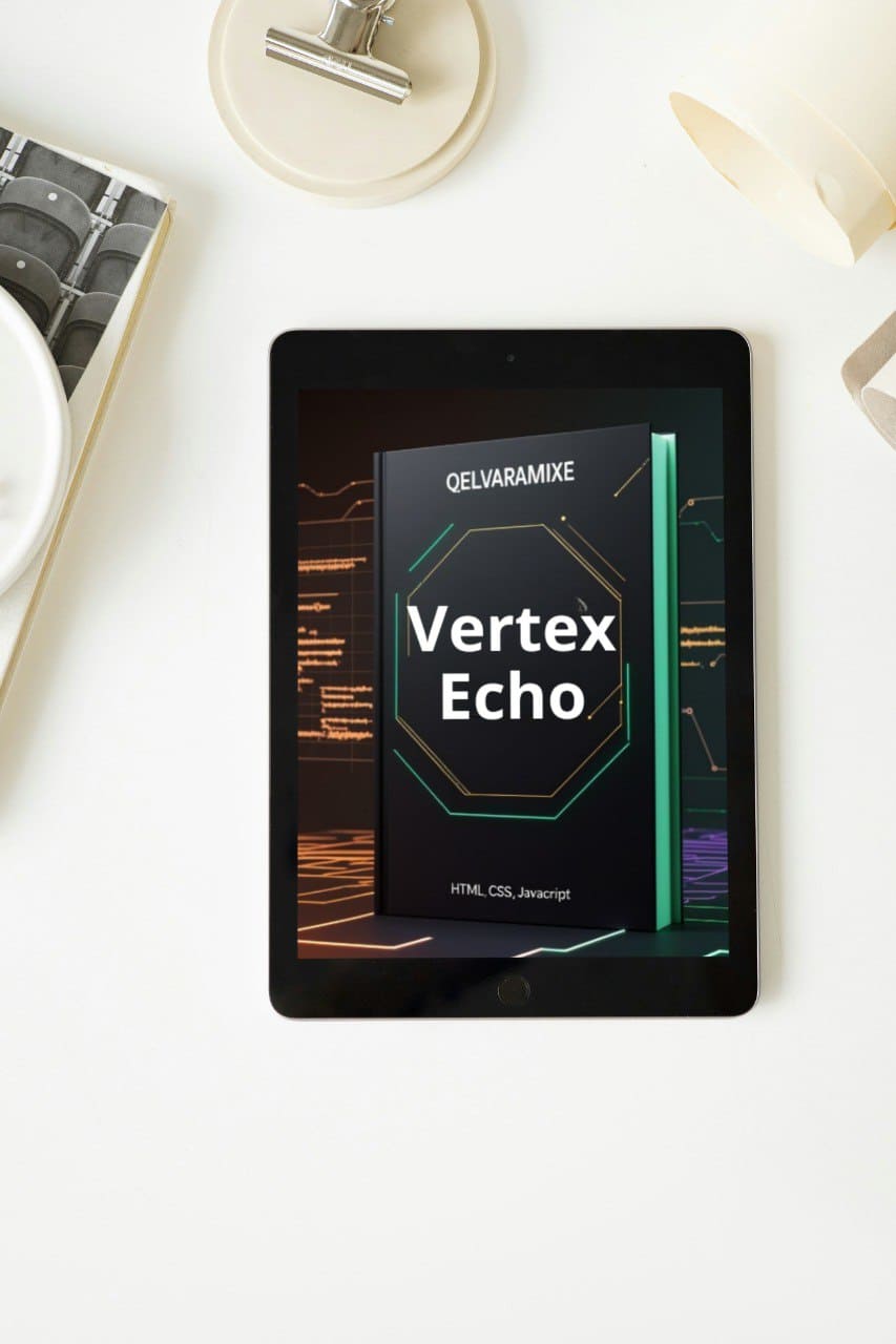 Tablet displaying 'Vertex Echo' course on a white surface with a lamp and book in the background