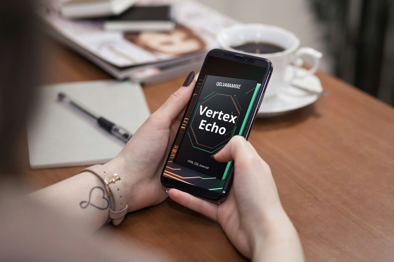 Person holding a smartphone with 'Vertex Echo' course on a desk with coffee and magazines.